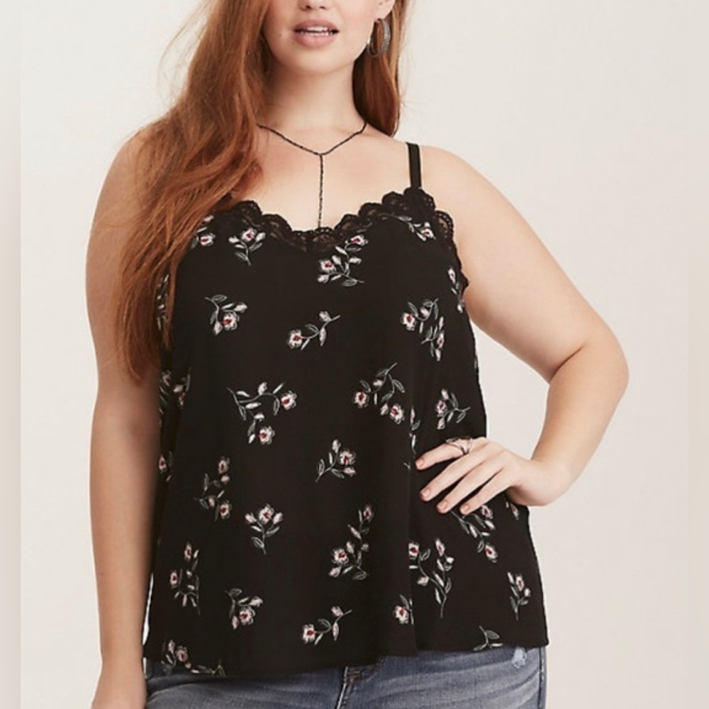 Torrid V-Neck Black Floral Sleeveless Camisole with Lace Trim 1